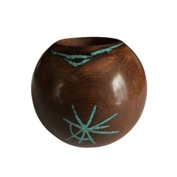 Handcrafted Signed Dark Wood Turquoise Inlay Candle Holder Artisan Southwestern - Picture 4 of 10